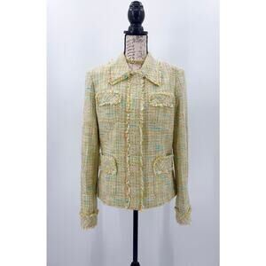 B1 Tweed Fringe Blazer‎ Womens 10 Classiques Entier Green Yellow Parisian Preppy